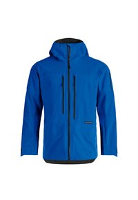 Blaue wasserdichte Jacke mit Kapuze, zwei Reißverschlusstaschen, schwarzen Akzenten und einem eleganten, schlanken Design. Das Material wirkt glatt und strapazierfähig.