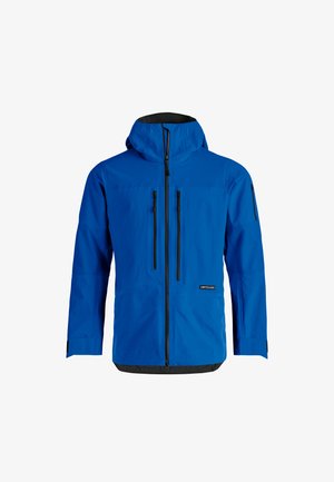 Blue waterproof jacket featuring a hood, two zippered pockets, black accents, and a sleek, streamlined design. Material appears smooth and durable.
