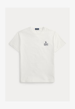 Bílé bavlněné tričko s krátkými rukávy. Na levé straně hrudi je tmavě modré logo a nápis. Klasický kulatý výstřih. Hladká struktura.