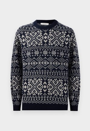 Granatowy sweter wełniany z fakturowanym wzorem Fair Isle w kolorze kremowym, z okrągłym dekoltem i długimi rękawami. Miękka dzianina.