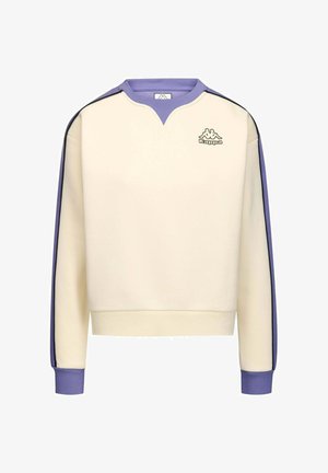 Felpa color crema con scollo a V, dettagli viola sul colletto e sui polsini, e un piccolo logo sul petto.