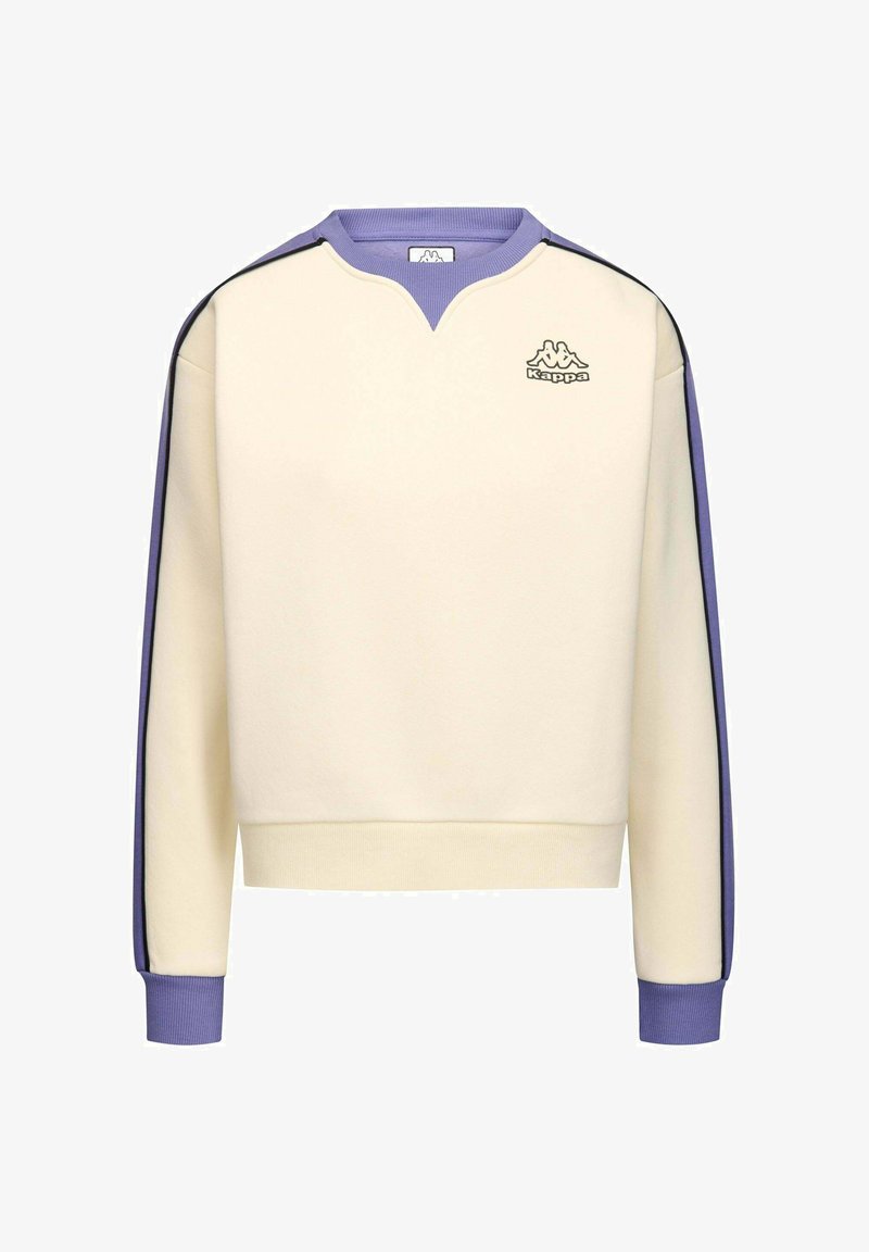 Felpa color crema con scollo a V, dettagli viola sul colletto e sui polsini, e un piccolo logo sul petto.