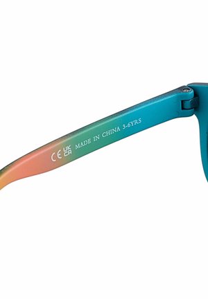 Bunte Sonnenbrille mit einem Farbverlauf am Bügel, der von Türkis zu Orange übergeht. Anzeichen sind "MITTEL IN CHINA" und "3-6 JAHRE", die sich am Bügel befinden.