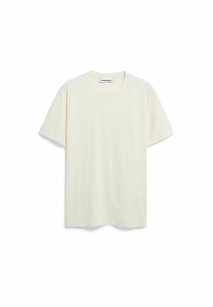 Schlichtes, kurzärmeliges T-Shirt in elfenbeinweiß mit Rundhalsausschnitt, kleinem gesticktem Logo auf der linken Brust und Markenetikett am inneren Halsausschnitt.