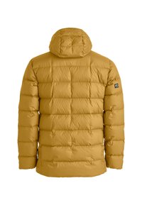 Yellow puffer jacket with a hood, featuring a quilted pattern. Made from a smooth, lightweight fabric with elastic cuffs and a logo patch.