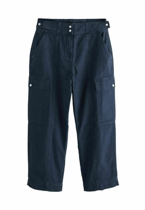 Cargo pants in dark navy fabric; features wide legs, front pockets, button closures, and decorative stitching detail.