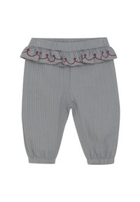 Grijs gestreepte broek met een gerimpelde taille en rode borduursels. Elastische boorden en tailleband voor comfort.