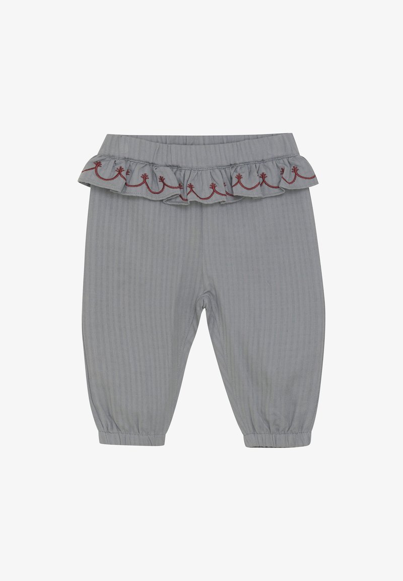 Grijs gestreepte broek met een gerimpelde taille en rode borduursels. Elastische boorden en tailleband voor comfort.
