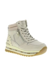Beżowe buty sportowe za kostkę wykonane z materiału syntetycznego, z sznurowanym przodem, bocznym zamkiem błyskawicznym oraz gumową podeszwą z detalem brandingowym na śródpodeszwie.
