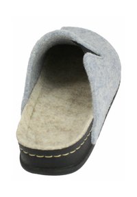 Grijze gevoerde slipper met een gestructureerde bovenkant, open teen, zachte binnenvoering en een zwarte zool met stiksels.