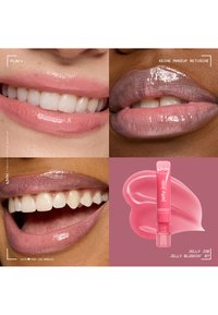 Lèvres roses brillantes avec un léger sourire sur des teintes de peau variées et un tube de gloss à lèvres NYX Jelly Job avec un échantillon rose sur fond mauve.