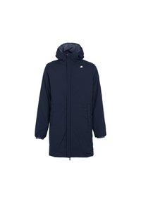 Marineblauwe lange parka-jack met een capuchon, twee maaktezakken, elastische manchetten en een volledige rits, gemaakt van een glad, lichtgewicht materiaal.