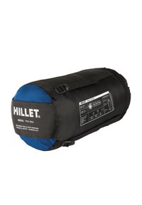 Schlafsack in Schwarz mit blauer Endkappe, auf der Seite mit einem Etikett versehen. Material ist Ripstop-Nylon mit einem Gurtband und Schnalle zur Kompression.