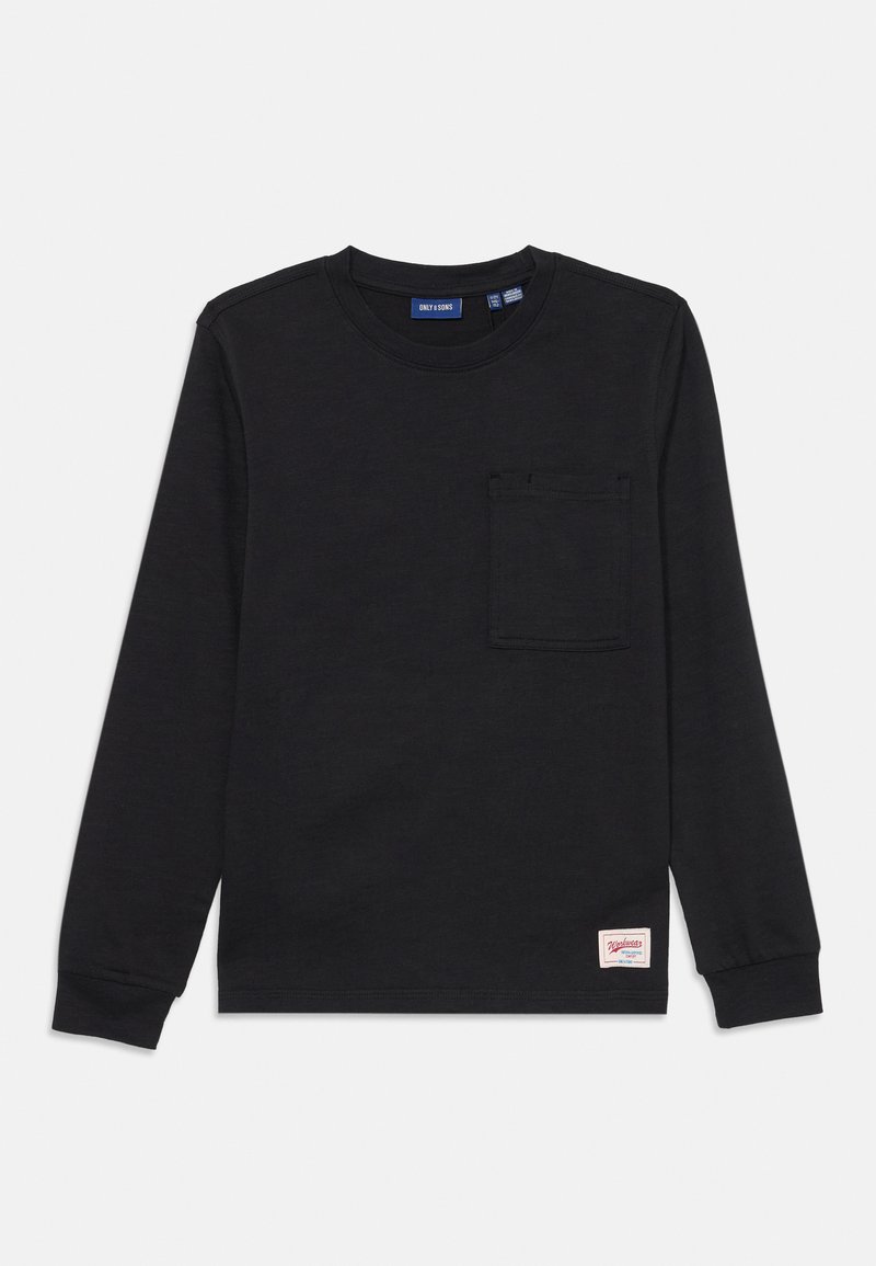 Schwarzes Langarm-T-Shirt aus Baumwolle mit Rundhalsausschnitt, ausgestattet mit einer Brusttasche und einem kleinen Markenetikett unten links.