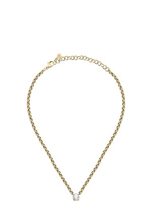 Collana in oro con un design intrecciato semplice e un accento centrale in cristallo trasparente, che aggiunge un tocco di eleganza al gioiello.