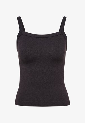 Dunkelgraues, geripptes Tanktop mit dünnen Trägern und einem quadratischen Ausschnitt, das eine figurbetonte Silhouette und einen strukturierten Stoff aufweist.