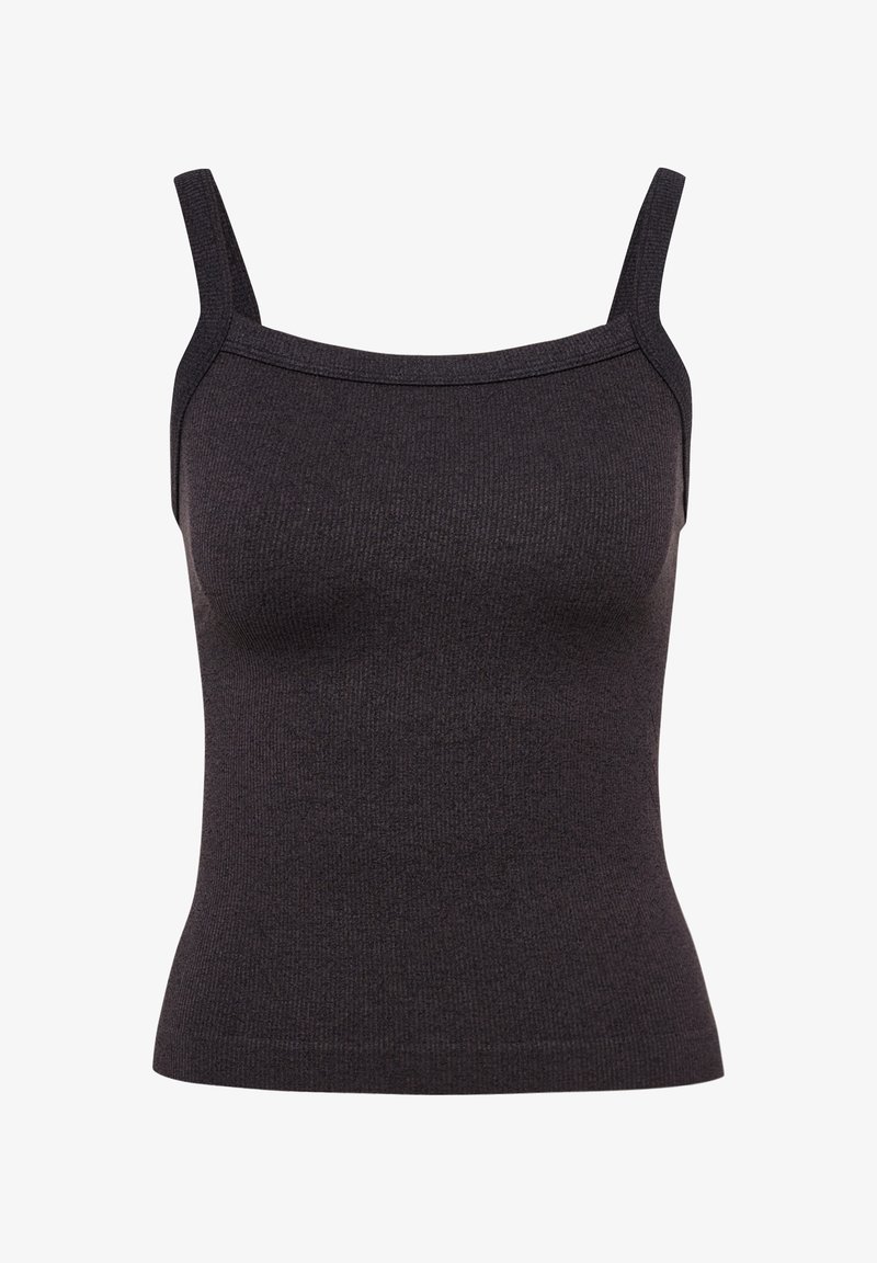 Ciemnoszara, prążkowana koszulka na ramiączkach z cienkimi paskami i kwadratowym dekoltem, charakteryzująca się dopasowanym krojem i teksturowanym materiałem.