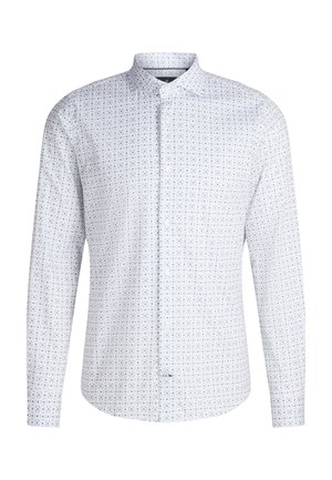 Biała męska koszula na długi rękaw zapinana na guziki z małym geometrycznym wzorem w jasnoniebieskim, szarym i beżowym kolorze.