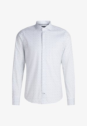 Biała męska koszula na długi rękaw zapinana na guziki z małym geometrycznym wzorem w jasnoniebieskim, szarym i beżowym kolorze.