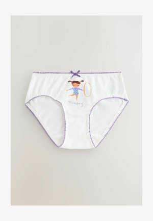 Culottes en coton blanc avec des bordures en dentelle violet. Présente une illustration colorée d'une fille avec un cerceau et le mot "Lundi" en dessous.