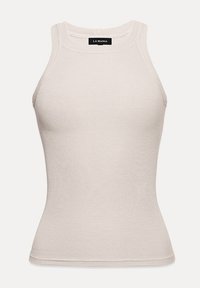 Bežil ilma varrukatega ribakudumistank, millel on kõrge kaelus ja sobiv siluett, millel on La Mania silt kaeluses.