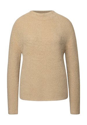 Beige fleecová mikina s vysokým límcem a dlouhými rukávy. Měkká textura, jednoduchý design a žádné viditelné vzory nebo akcenty.