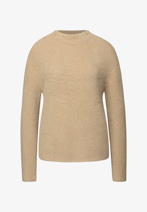 Beige fleece sweater met een hoge hals en lange mouwen. Zachte textuur, eenvoudig ontwerp, en geen zichtbare patronen of accenten.