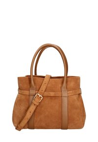 Borsa tote in camoscio marrone con dettagli in pelle, doppi manici e tracolla rimovibile. Forma strutturata con base piatta.