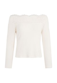 Off-Shoulder Langarmtop aus ribbeligem Stoff in Off-White, mit einer Spitzenborte am Ausschnitt. Bequemer Schnitt mit geradem Saum.