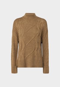 Ruskea neulepusero, jossa on korkea kaulus, näyttävästä köyden kutomismuunnoksesta ja ribbaatuista hihoista ja helma. Pehmeä, lämmin kangas rentoa istuvuutta.