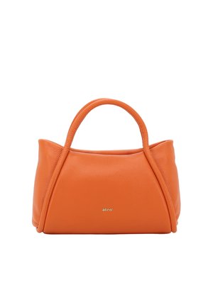 Orange leather handbag with a rounded shape, featuring two top handles and a subtle gold logo on the front. Smooth texture, no visible patterns.