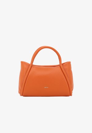 Orange leather handbag with a rounded shape, featuring two top handles and a subtle gold logo on the front. Smooth texture, no visible patterns.