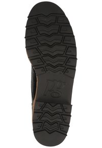 Semelle de botte en caoutchouc noir avec des motifs de bande de roulement en zigzag profond et rectangulaires, et un logo "pg" en relief au centre.