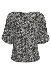 Blusa a maniche corte, bianca e nera, con motivo paisley, dotata di un ampio scollo e vestibilità comoda.