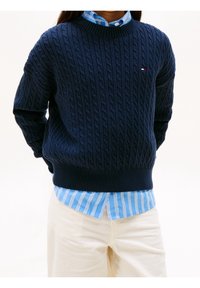 Pull en maille torsadée bleu marine avec poignets et ourlet côtelés, porté sur une chemise rayée bleu clair et blanc. Pantalon couleur crème visible en dessous.