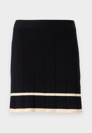 Jupe noire en tricot avec des côtes verticales, présentant une bande crémeuse contrastante au bas de l'ourlet. Taille élastique. Design classique.