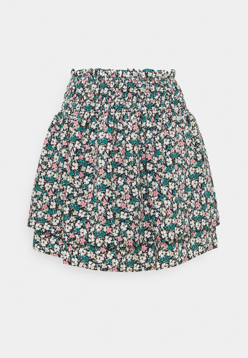 Blommönstrad kjol med smockad midja. Har små rosa, vita och turkosa blommor på en svart bakgrund. Lättviktig tyg.