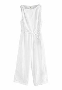 Combinaison en lin blanc avec une coupe décontractée, sans manches, taille à cordon, et jambes larges, dotée d'un tissu texturé.