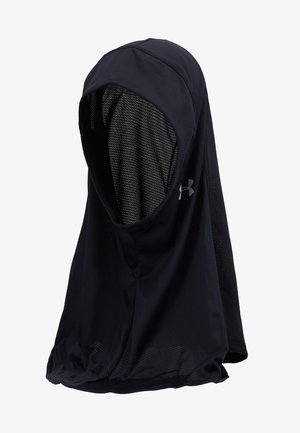 Schwarzes Kapuzenkleidungsstück mit Netzfutter, aus leichtem Stoff gefertigt. Verfügt über ein auffälliges Logo auf der Vorderseite und ein atmungsaktives, strukturiertes Design.