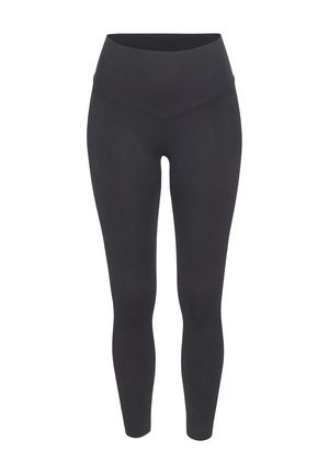 Leggings neri a coste con vita alta, caratterizzati da una texture liscia e un design aderente per un comfort e una flessibilità migliori.
