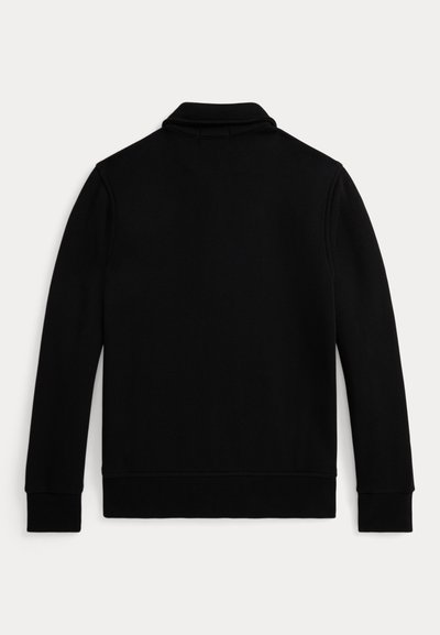 Felpa nera con colletto alto, maniche lunghe e orlo aderente. Realizzata in tessuto liscio senza pattern o accenti visibili.