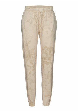 Helle beige Jogger mit einem dezenten Blumenmuster, ausgestattet mit einem elastischen Bund mit Kordelzug, schmalen Bündchen und einer weichen Textur.