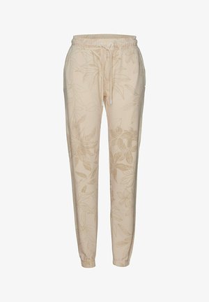 Light beige joggers with a subtle floral pattern, featuring an elastic waistband with drawstring, fitted cuffs, and a soft texture.