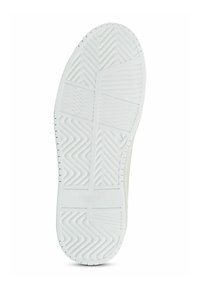 Zool van een sneaker, witte rubber met zigzagprofiel en textuuraccenten. Heeft een geperst merknnaam "HECHTIER PARIS."