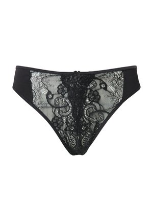 Schwarze Spitzenunterwäsche im Bikini-Stil mit floralen Mustern und festen Seitenpaneelen, versehen mit einer kleinen Schleife in der Mitte des Vorderbunds.