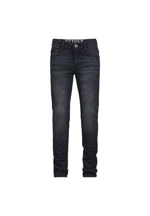 Ciemne, wyblakłe, dopasowane jeansy z zapięciem na guzik i zamek, kieszeniami z przodu i z tyłu oraz szlufkami na pasek, na białym tle.