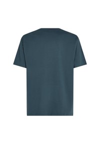 Temno zeleni bombažni T-shirt s krožnim ovratnikom, kratkimi rokavi in preprosto, gladko teksturo. Zadnji pogled ne prikazuje dodatnih podrobnosti ali vzorcev.