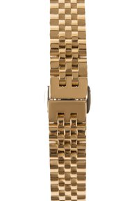 Pulsera de reloj de metal en tono dorado con un diseño trenzado, que presenta un acabado suave y un cierre de broche para un ajuste seguro.