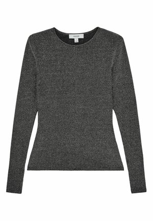 Top a maniche lunghe, con scollatura tonda in tessuto a maglia testurizzato nero e argento, caratterizzato da una forma aderente e senza chiusure visibili.
