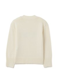 Ivory gebreide trui met een ronde hals, geribbelde zoom en manchetten; textuurstof met een relaxte pasvorm en verlaagde schouderranden.